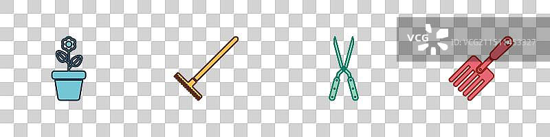 盆栽花卉、花园耙子和手工园艺工具图片素材