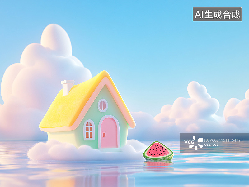 【AI数字艺术】夏至节气西瓜屋避暑夏天美食健康水果插画图片素材