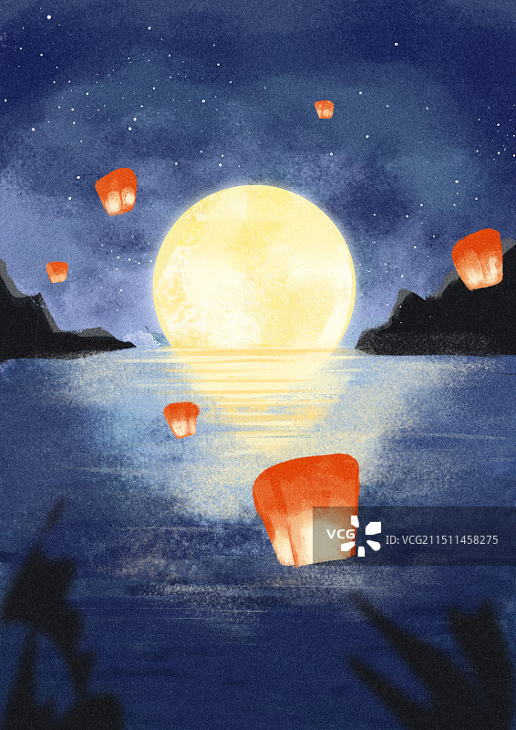 月亮花灯孔明灯海水海面中元节灯笼图片素材