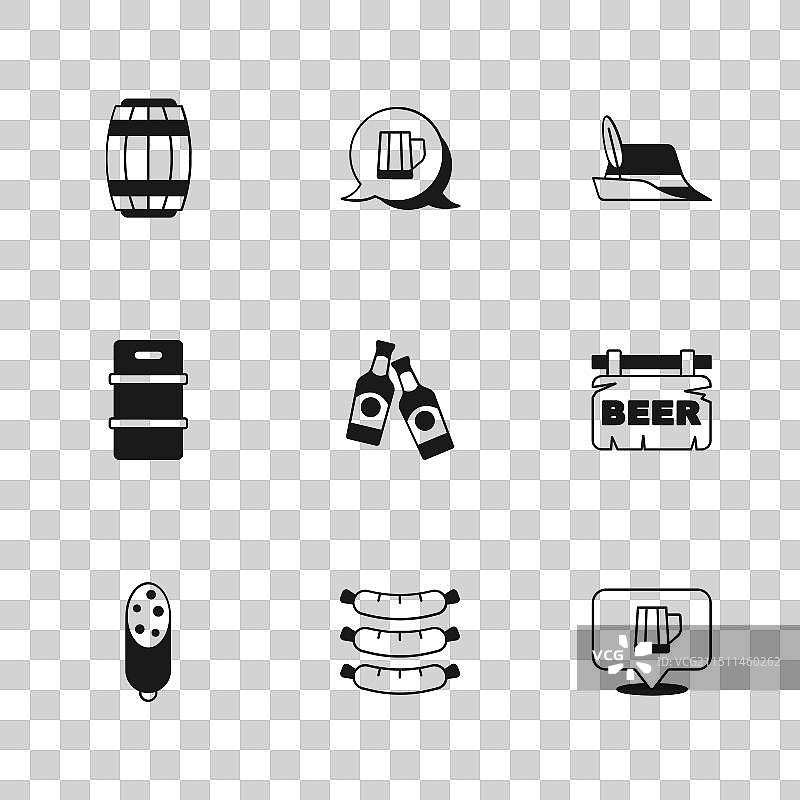 香肠、啤酒和木制街道标志牌图片素材