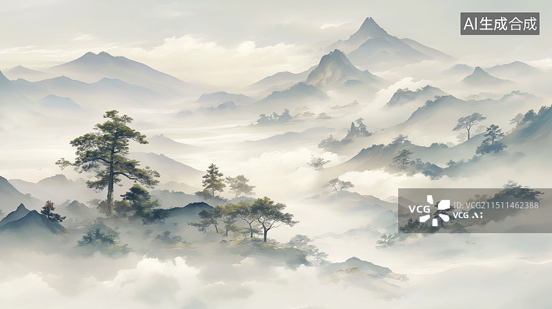 【AI数字艺术】中国风的水墨山水云海画图片素材