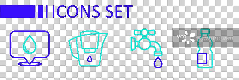 水瓶、水龙头和水罐线条组合图片素材