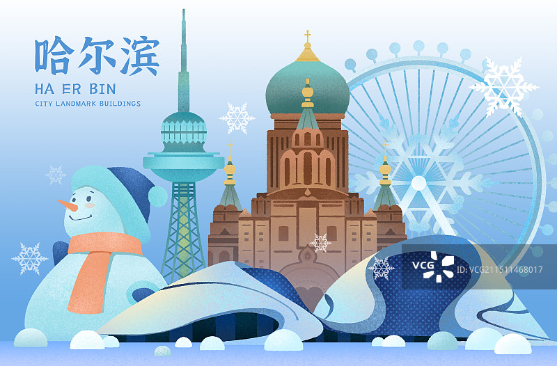 哈尔滨城市地标建筑索菲亚教堂景点插画图片素材