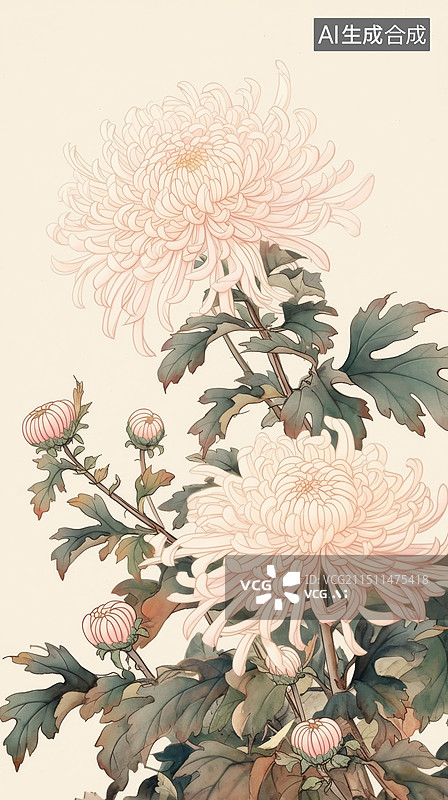 【AI数字艺术】国画风菊花竖幅插画图片素材