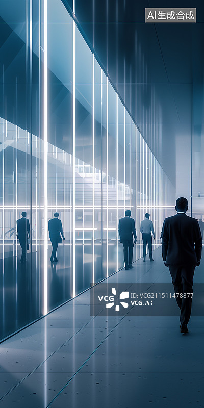 【AI数字艺术】幽暗的现代极简商务大厦职员办公大厅霓虹玻璃幕墙海报插画图片素材