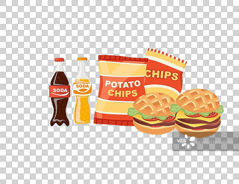 汉堡包、炸薯条和瓶装苏打水图片素材