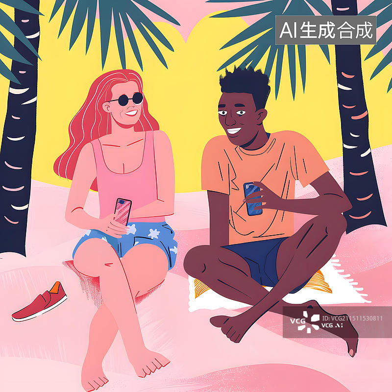 【AI数字艺术】情侣在海滩上的棕榈树下图片素材