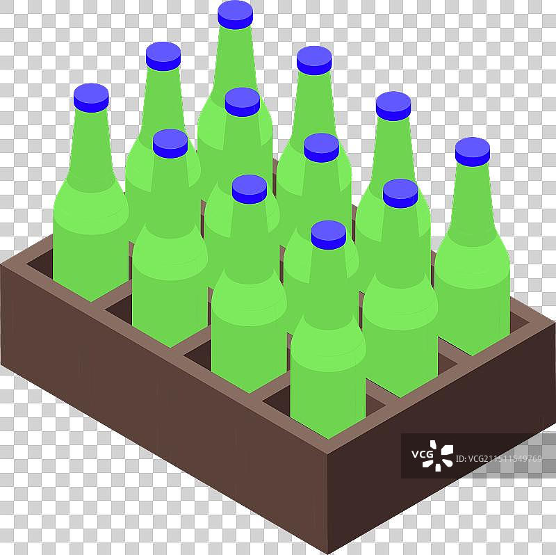 装有十个绿色瓶子的木制啤酒箱图片素材