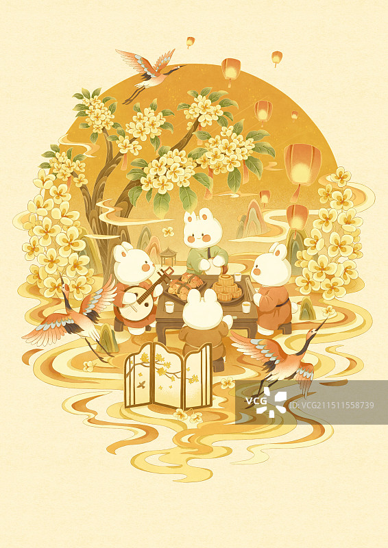 中秋桂花兔子插画图片素材