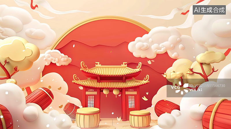 【AI数字艺术】3D中国风古建筑背景图片素材