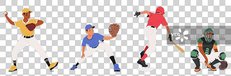 四名棒球运动员的各种动作姿势图片素材
