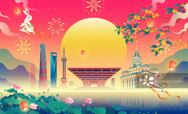 上海城市中秋节桂花玉兔中国风插画图片素材