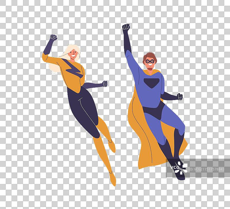 两个成年人穿着超级英雄服装飞行图片素材
