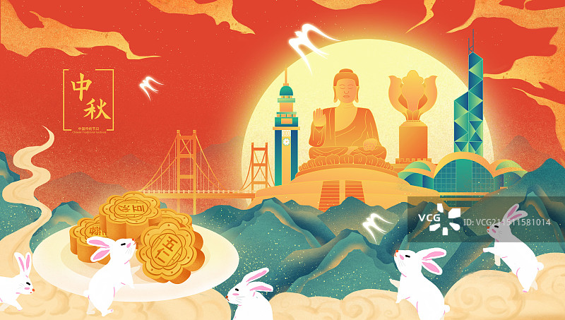 香港传统节日中秋节玉兔月饼中国风城市图片素材