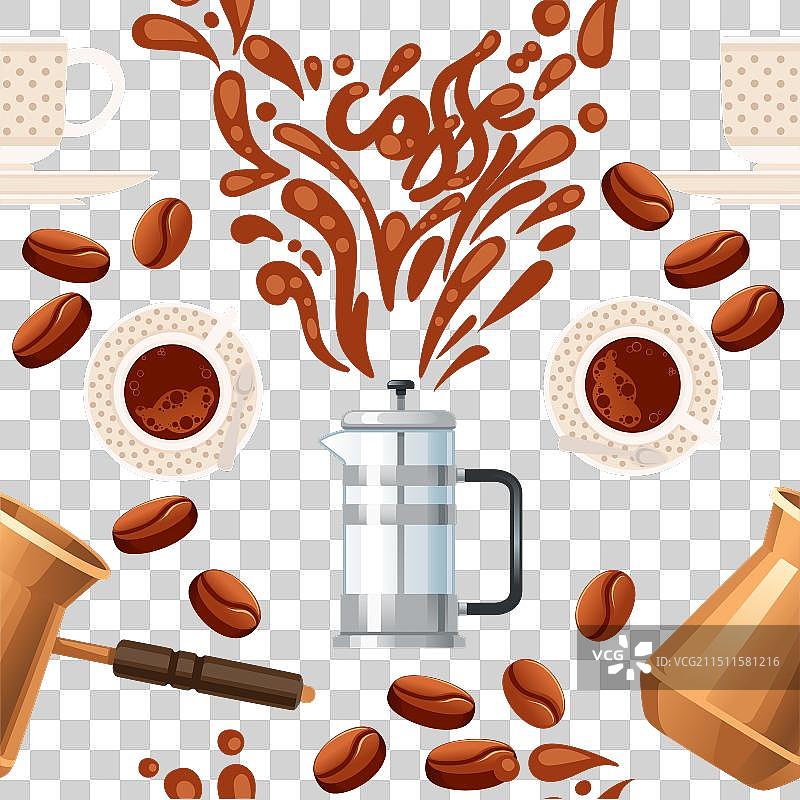 咖啡主题与法式滤压壶无缝图案图片素材