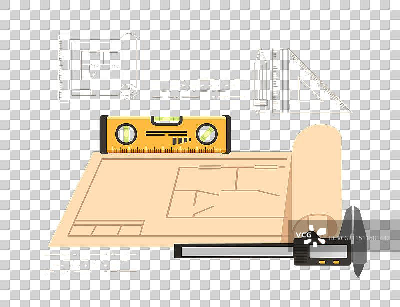 白色背景上的蓝图水平仪和测量设备图片素材