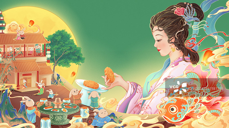 中秋节嫦娥与一群玉兔共享月饼背景图片素材