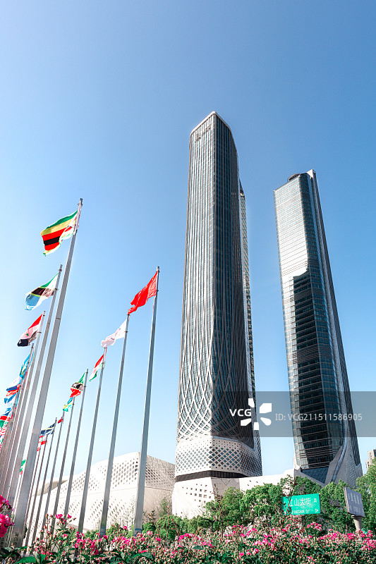 南京保利大剧院双子塔国旗阵与蔷薇花图片素材