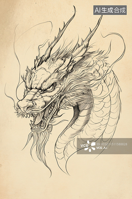 【AI数字艺术】龙的手绘素描线稿图片素材
