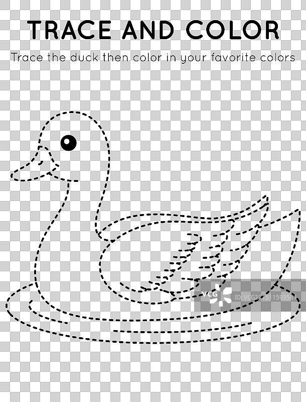 儿童工作表中的可爱鸭子描摹涂色图片素材