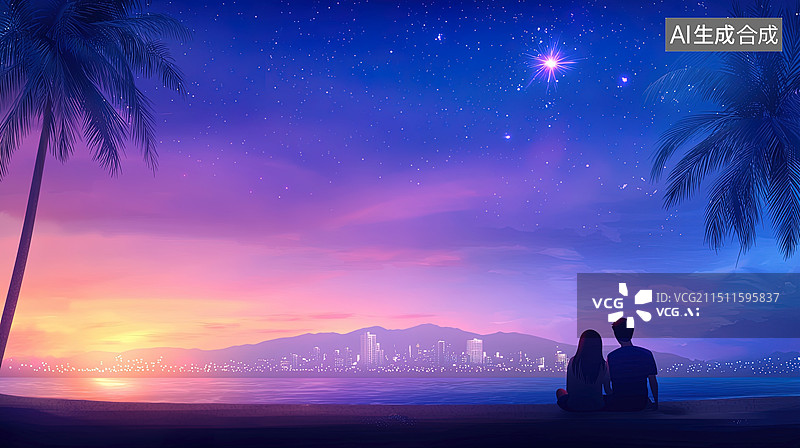 【AI数字艺术】一对情侣坐在海滩上看着对面的城市天际线图片素材