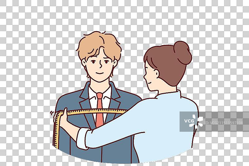 女裁缝为男人量肩宽图片素材