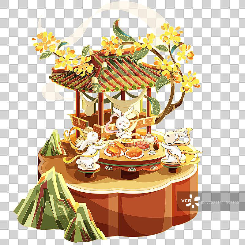 国潮风中秋小景插画图片素材