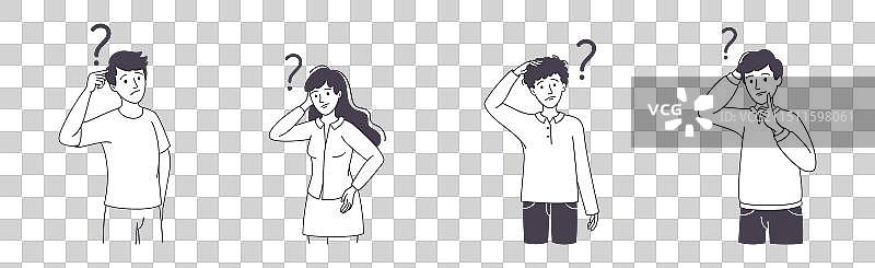 有沉思的男人和女人抓挠的问题图片素材