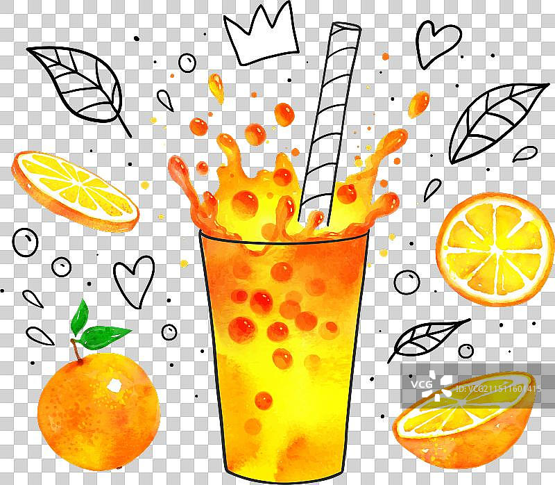 橙色珍珠奶茶和线条艺术涂鸦图片素材