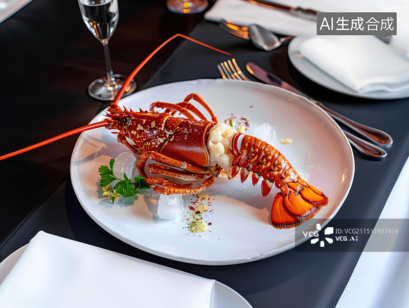 【AI数字艺术】餐桌上白色餐盘里的一只大龙虾图片素材