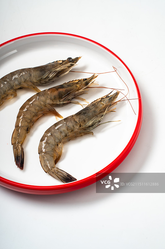 白色背景的盘子里的虾的高角度视图图片素材