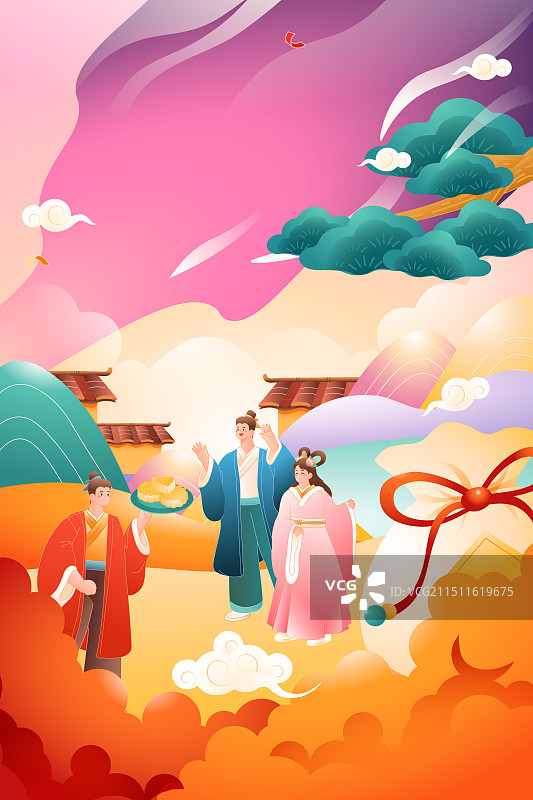 卡通秋季秋天美食月饼古人中秋节传统节日习俗家人家庭亲子团圆团聚古建筑自然风景渐变中国风国潮风矢量插画图片素材
