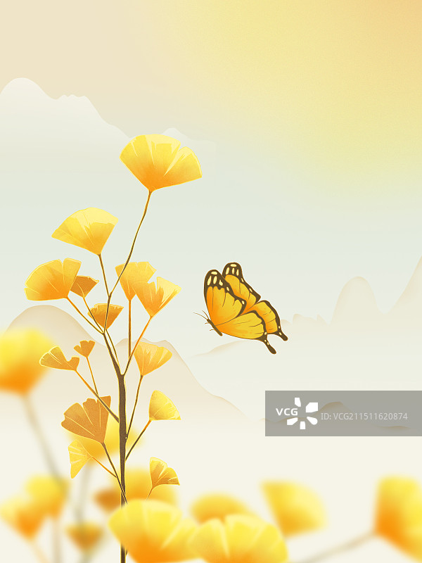 秋季银杏蝴蝶插画绘图图片素材