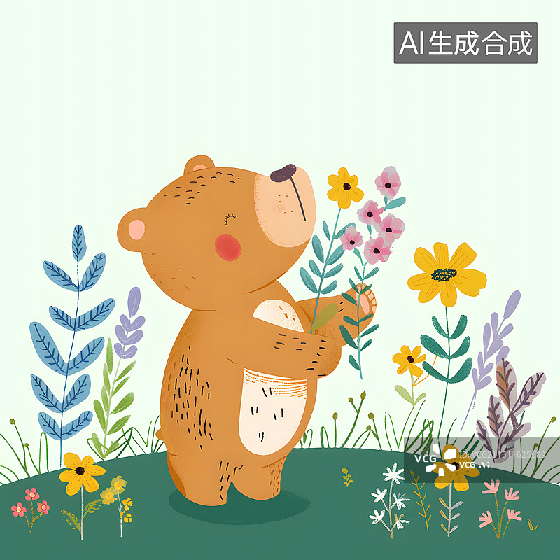【AI数字艺术】小熊与花丛图片素材
