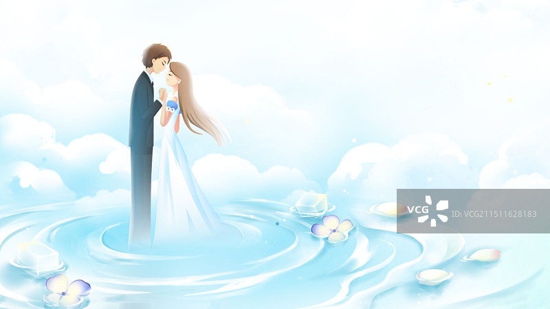 蓝色浪漫唯美云海幸福情侣手绘插画图片素材