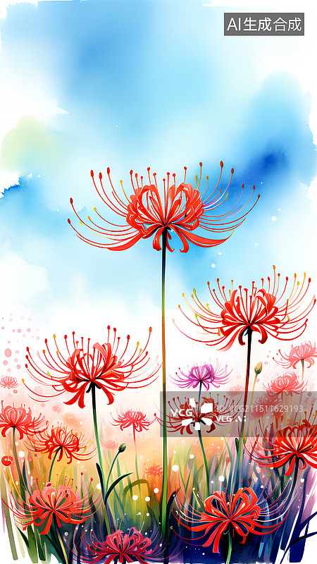 【AI数字艺术】水彩插画  原野上红色的彼岸花图片素材