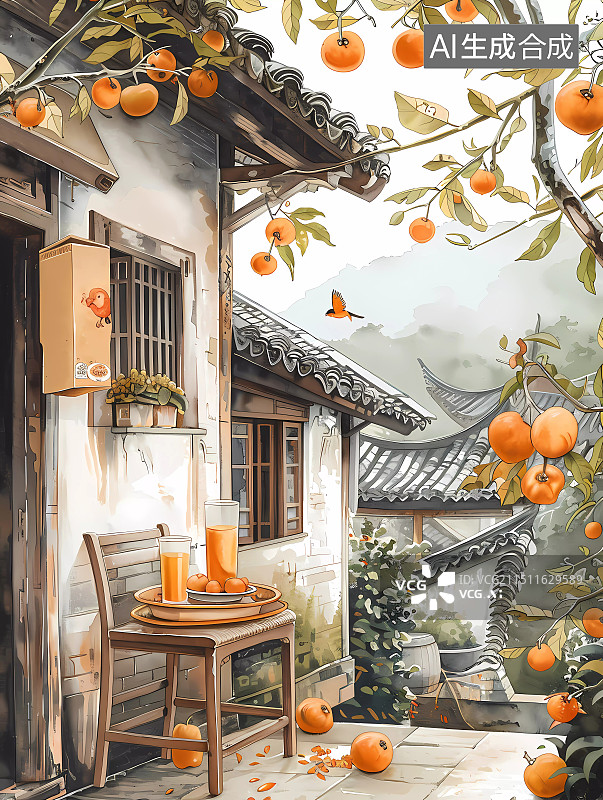 【AI数字艺术】满院柿子的传统中式庭院图片素材