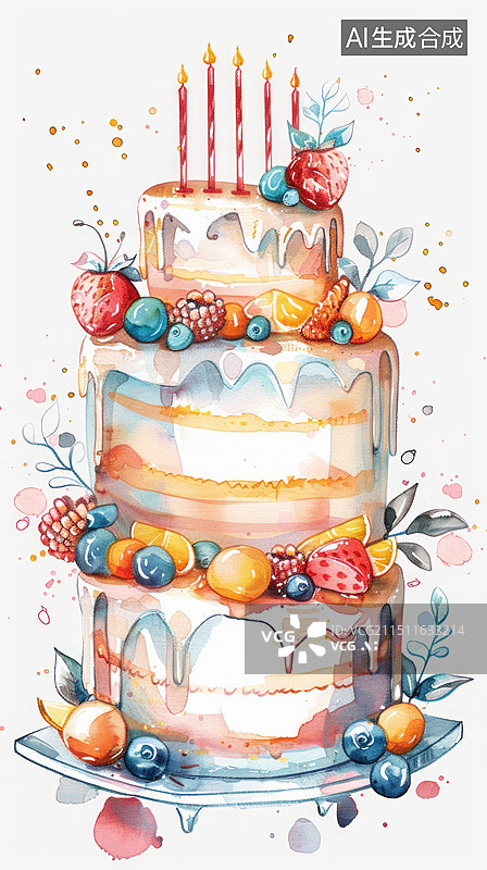 【AI数字艺术】多层生日蛋糕插画图片素材