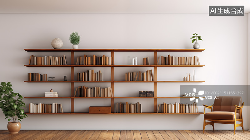 【AI数字艺术】墙面上的实木艺术书架设计图片素材