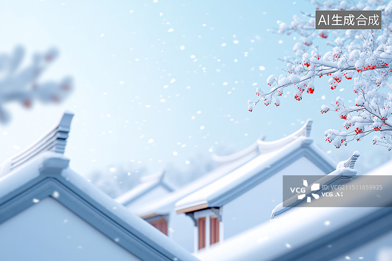 【AI数字艺术】国风意境风景古建筑冬季雪景大雪节气插画图片素材