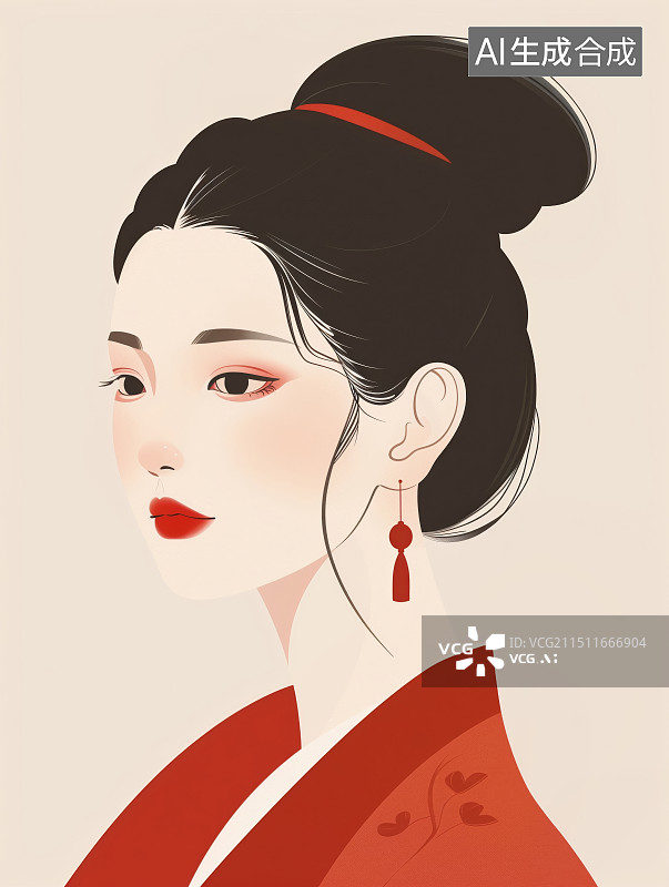 【AI数字艺术】穿着古代服饰汉服的黑发红唇古风女子插画侧脸图片素材