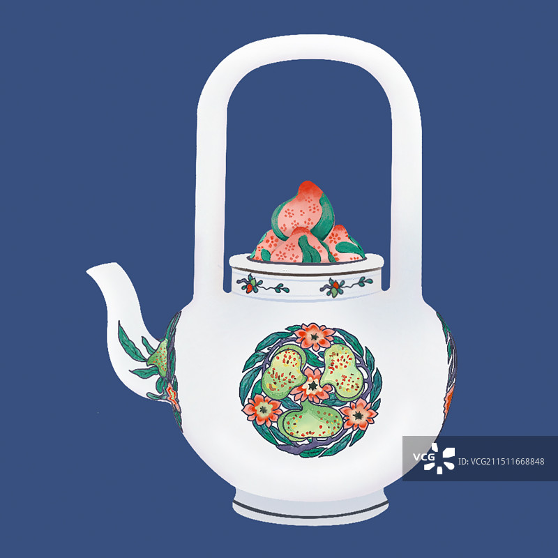 斗彩蟠桃提梁壶插画图片素材