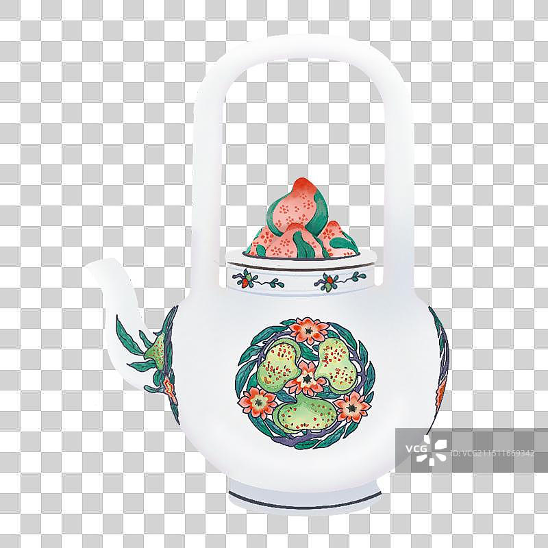 斗彩蟠桃提梁壶免抠插画素材图片素材