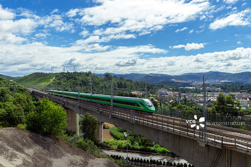 国际大通道中老铁路玉溪段定古大桥上奔驰的列车图片素材