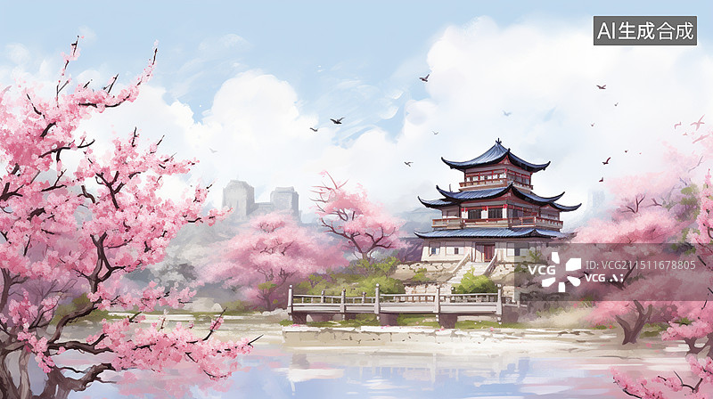 【AI数字艺术】桃花绽放的园林风景图片素材