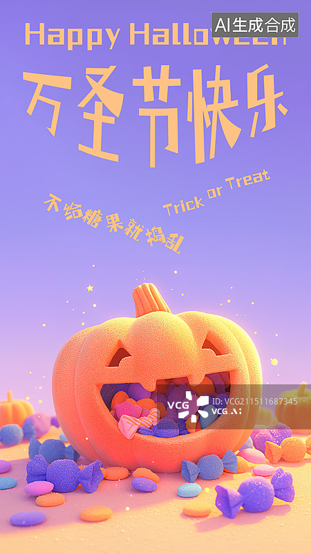 【AI数字艺术】万圣节插画海报设计模板，不给糖就捣乱，空心南瓜灯和五颜六色的糖果图片素材