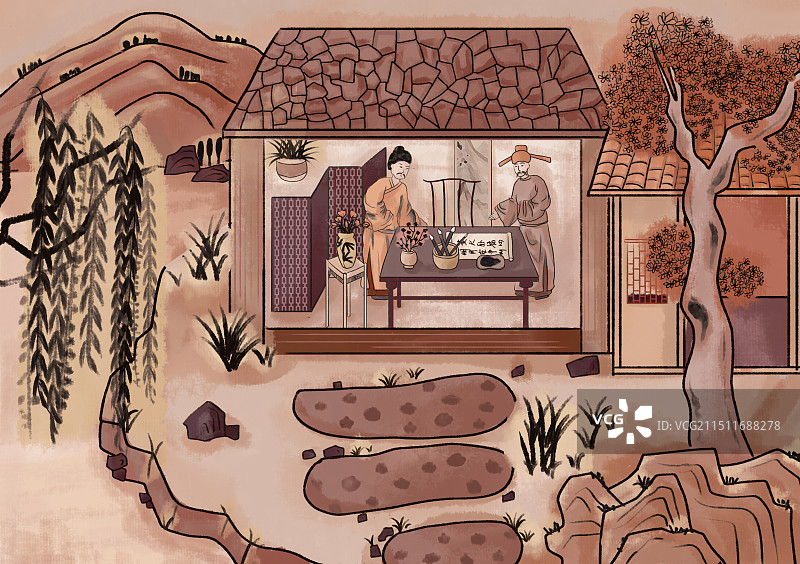 古风传统树山风景人物好友书画房屋书法居所世外桃源插画图片素材