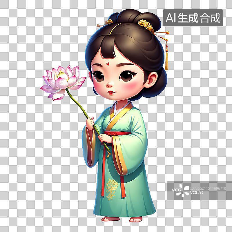 【AI数字艺术】3D渲染古风Q版人物，采莲少女，荷花荷叶莲蓬，汉服，古装，传统服饰，传统节日免抠元素图片素材