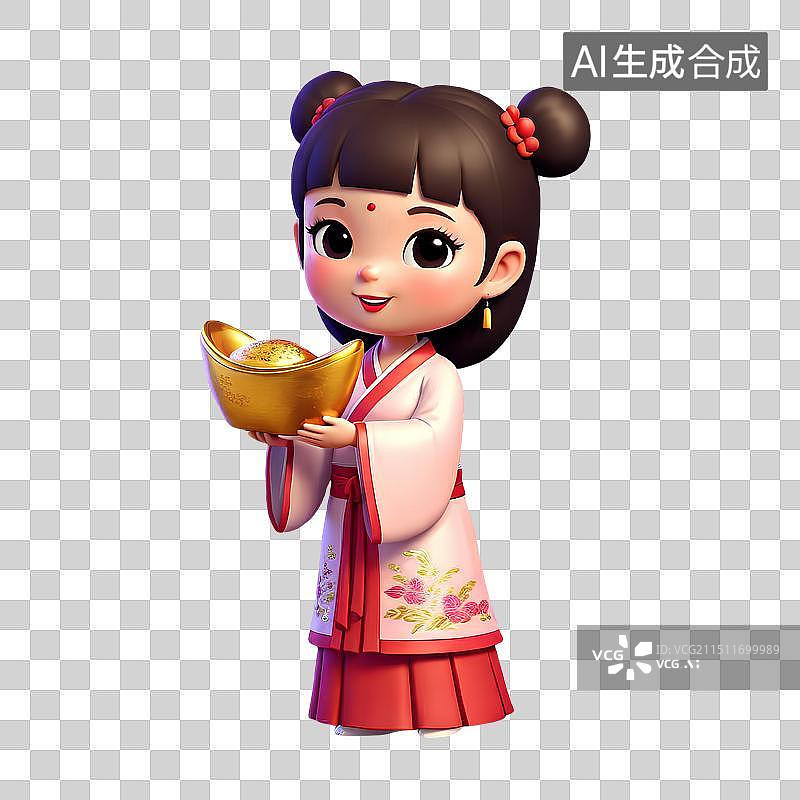【AI数字艺术】3D渲染中国风Q版人物，手里拿着金元宝的小女孩，汉服，旗袍，春节，新年，元宵节，传统节日免抠元素图片素材