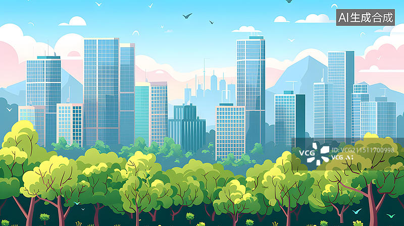 【AI数字艺术】城市绿树山峦背景插画图片素材